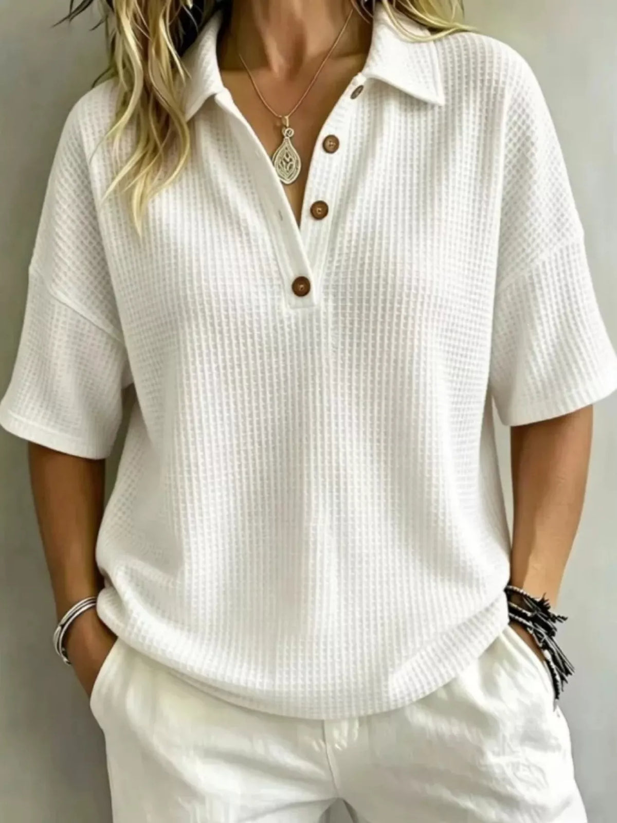 Pure Craft waffle knit polo top with button detail in white