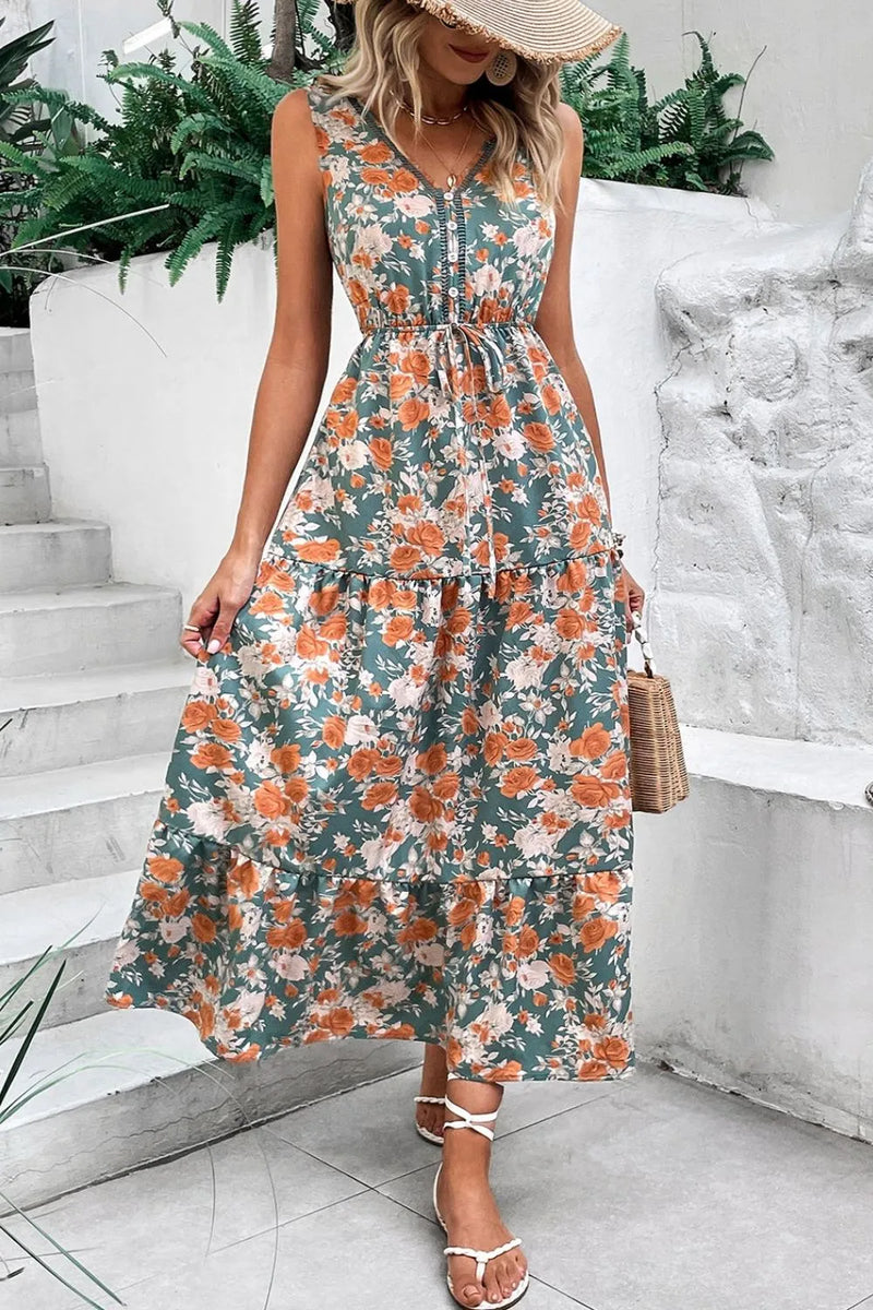 Floral trimmed v neck tie waist dress front view