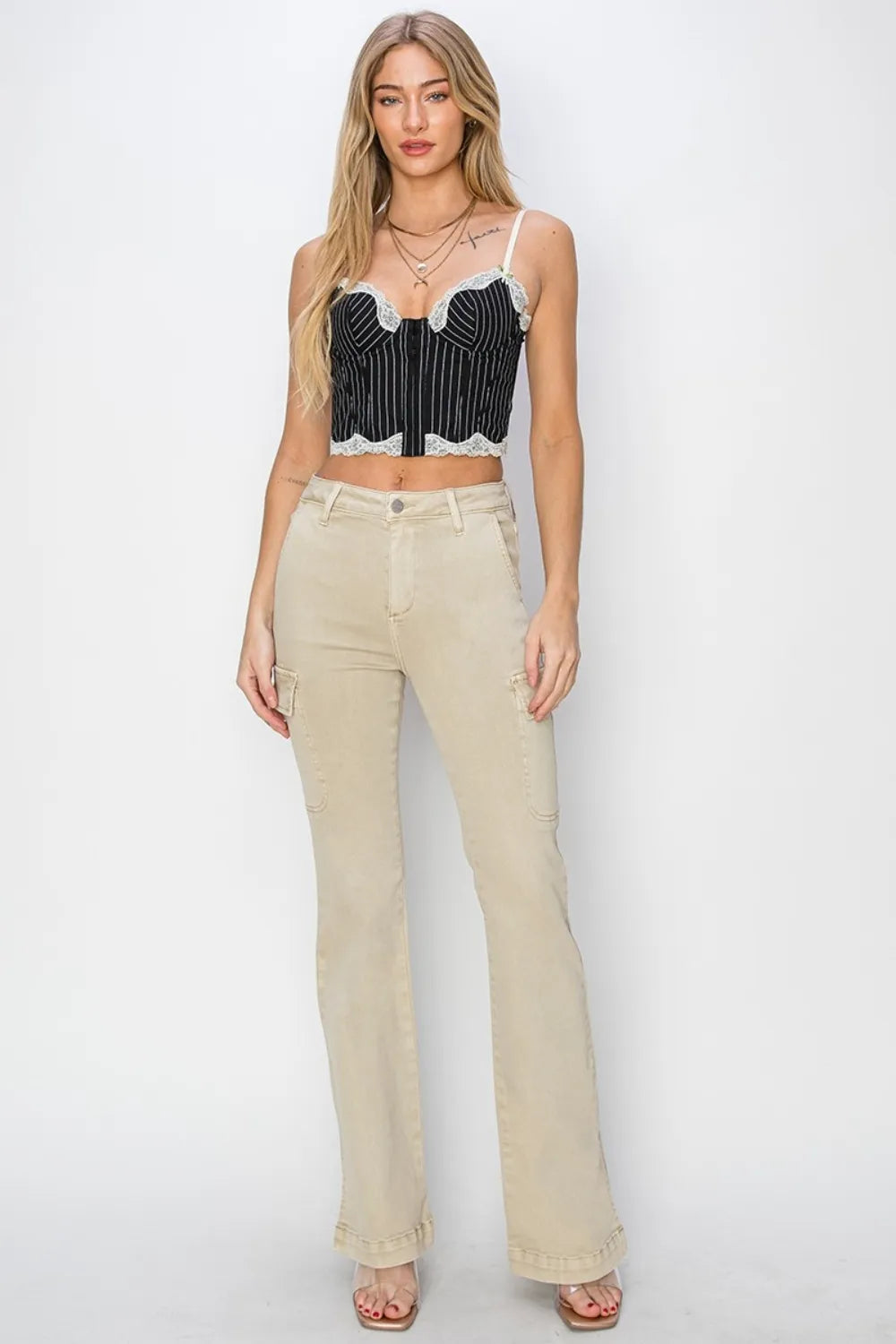 RISEN Full Size High Rise Side Slit Cargo Bootcut Jeans - Fashorio