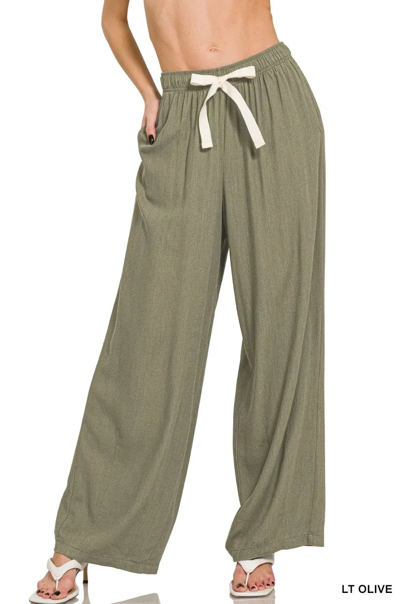 Zenana Linen Drawstring Pants LT OLIVE - Fashorio
