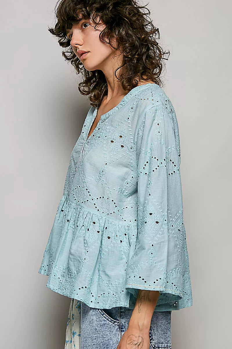 Close up of the allover eyelet embroidery on the cotton shirt