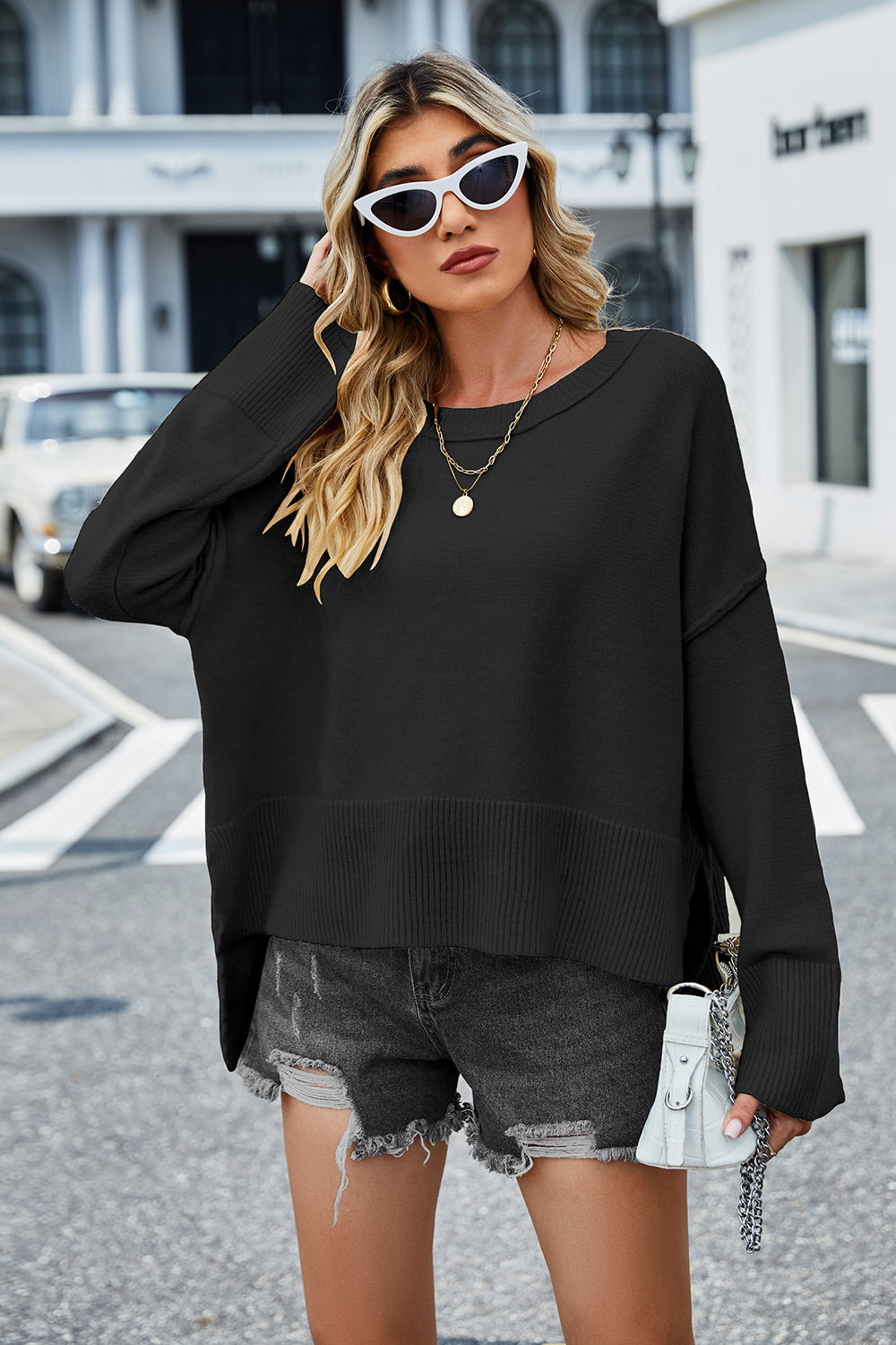Round Neck Dropped Shoulder Slit Sweater - Fashorio