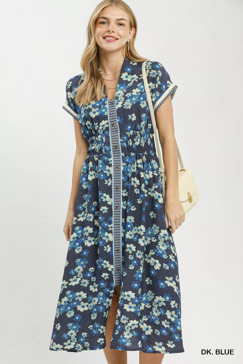 Dark blue mixed print henley shift dress front view