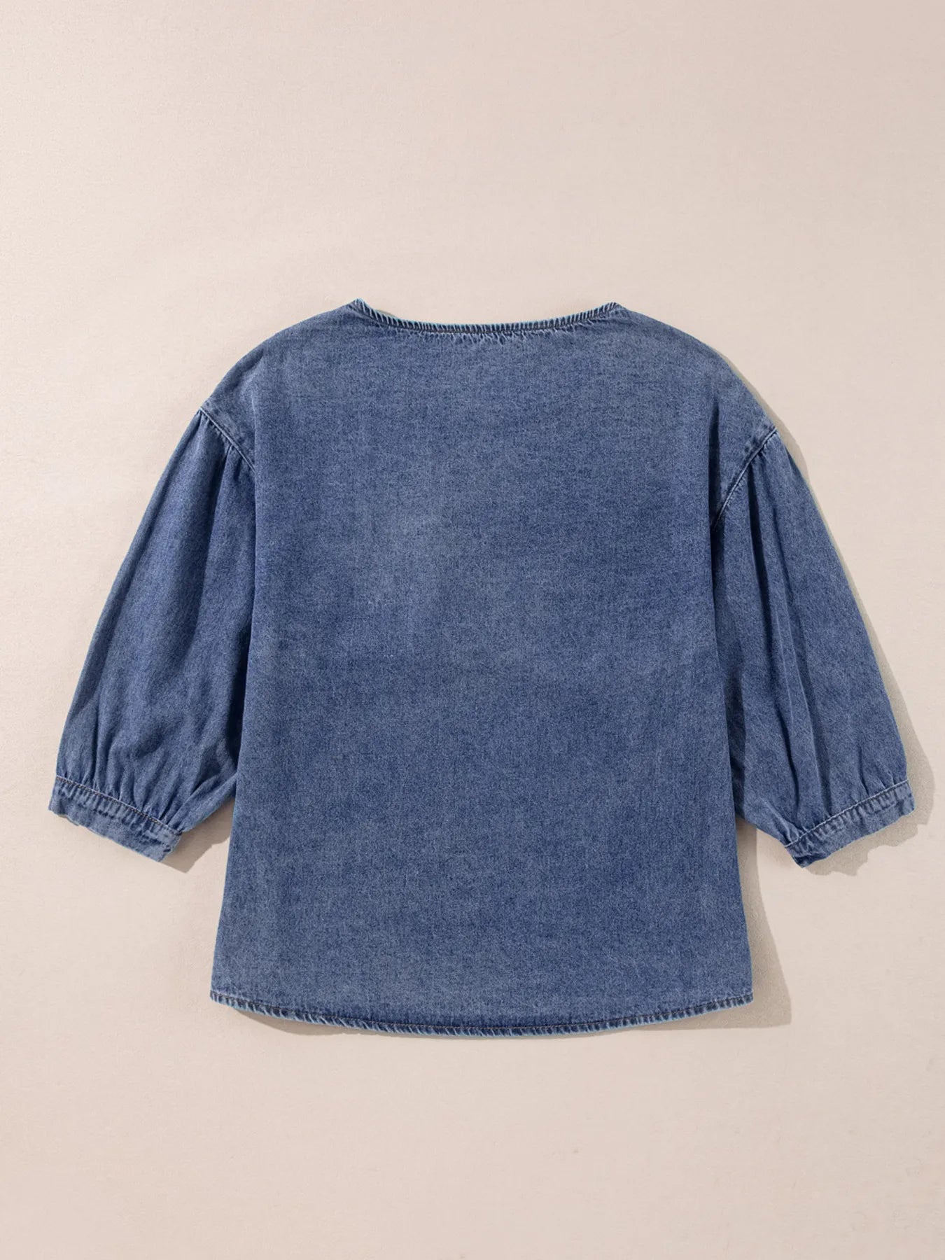3/4 Sleeve Ruffled Patched Pocket Denim Blouse - Fashorio