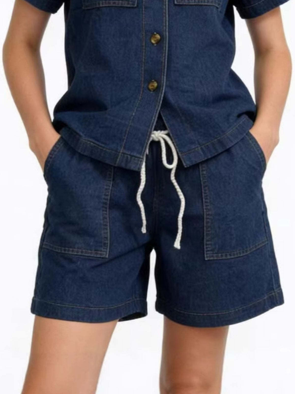 Button Up Short Sleeve Top and Denim Shorts Set, view 11