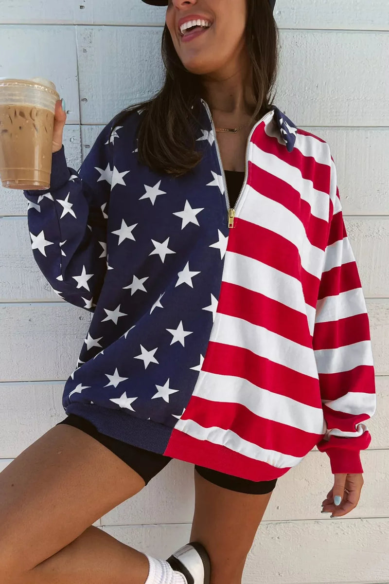 American flag print half zip sweatshirt, front view