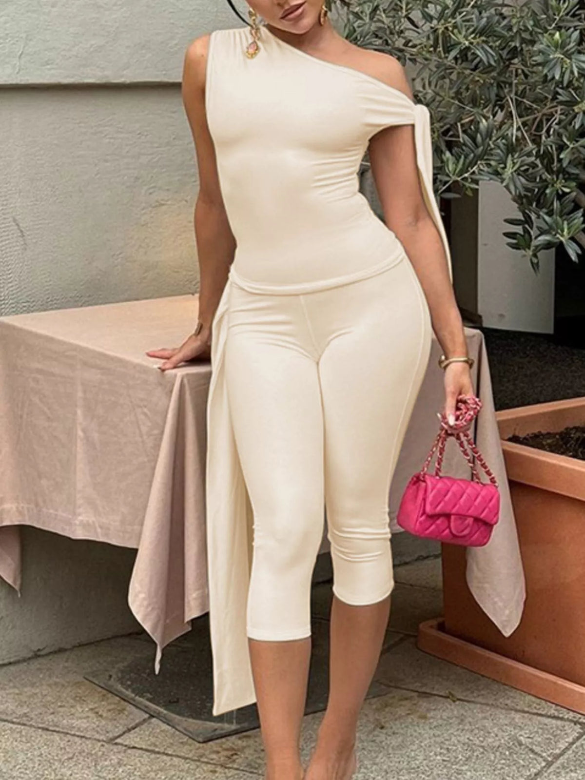 Asymmetrical One Shoulder Top and Capri Two Piece Set, view 11