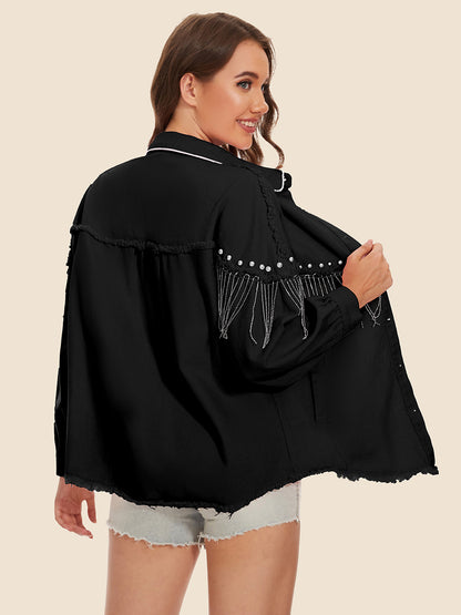 Raw Hem Fringe Detail Denim Jacket - Fashorio