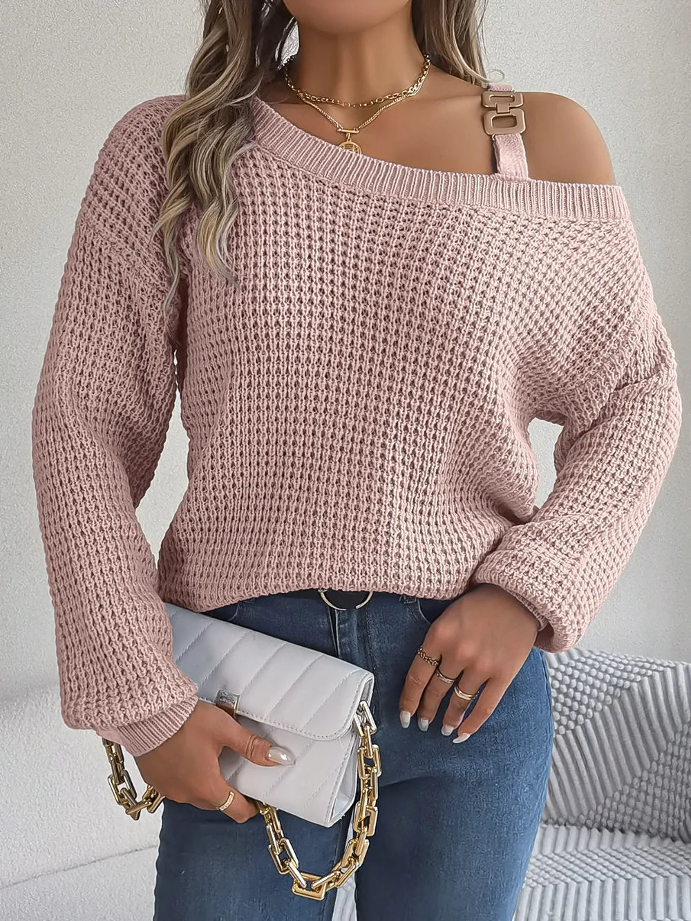 Asymmetrical Neck Long Sleeve Sweater Blush Pink - Fashorio
