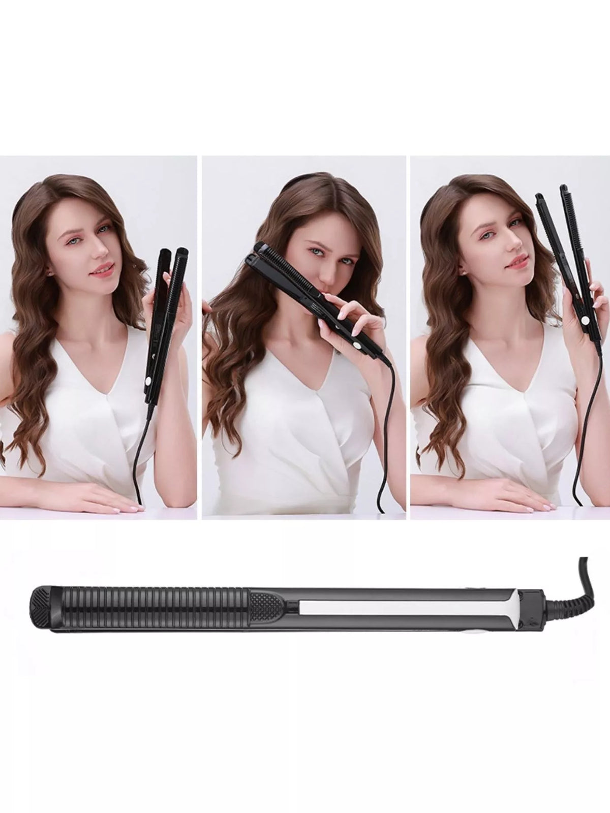 Curling and straightening styler held in hand