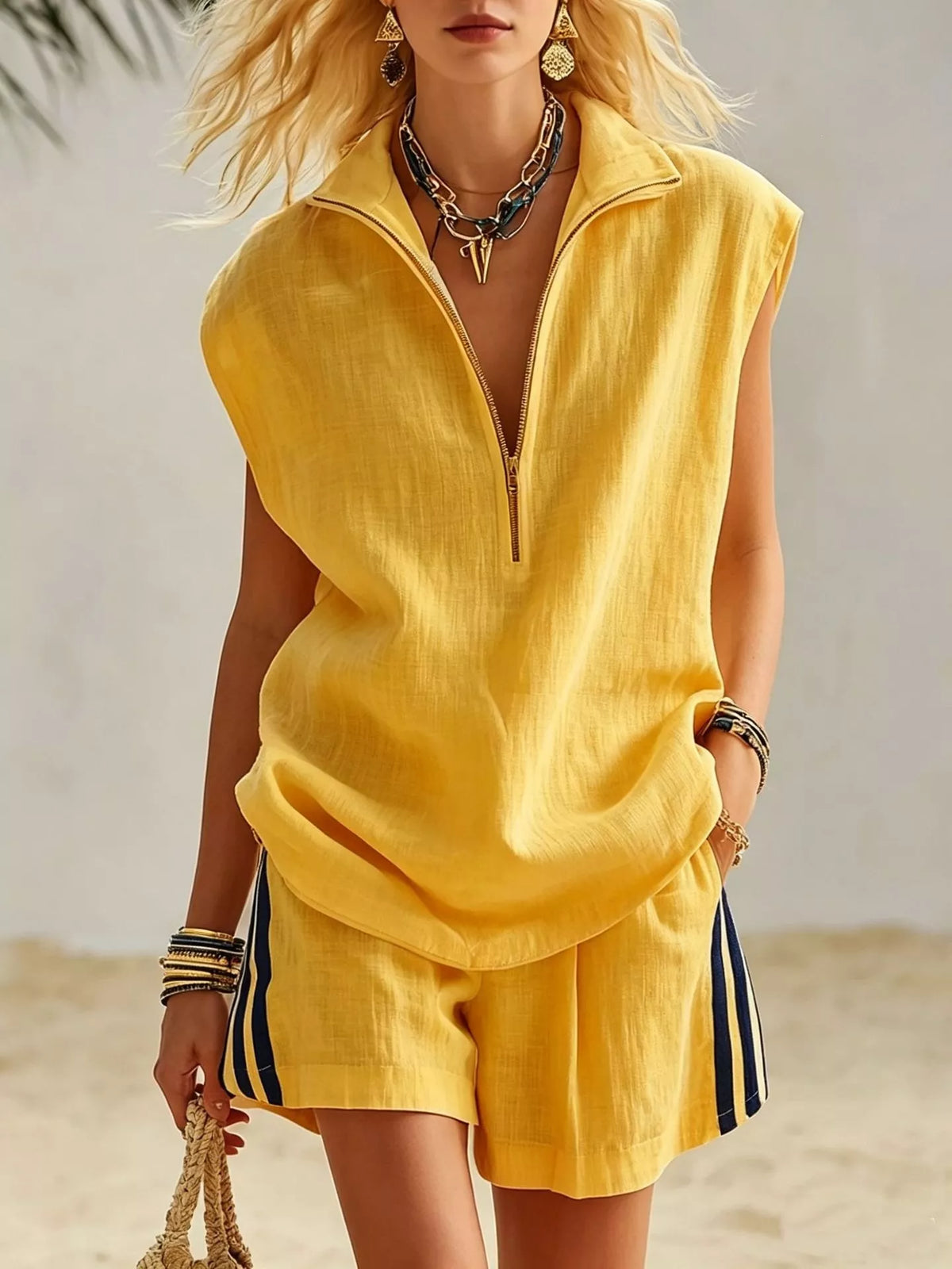 Zip Front Sleeveless Top and Striped Shorts Set, view 13