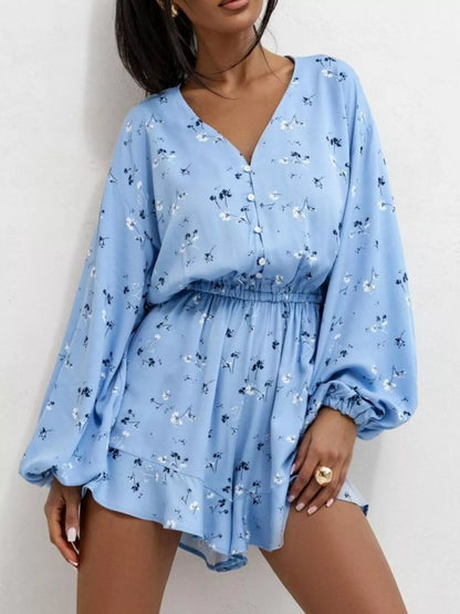 Floral V-Neck Long Sleeve Romper with Elastic Waist - Fashorio