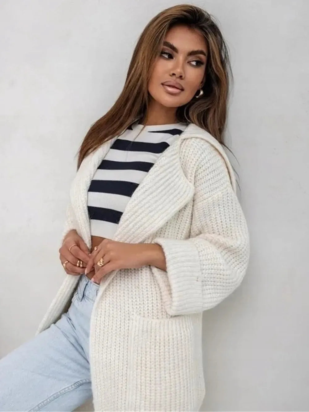 Pocketed Collared Neck Dropped Shoulder Cardigan - Fashorio