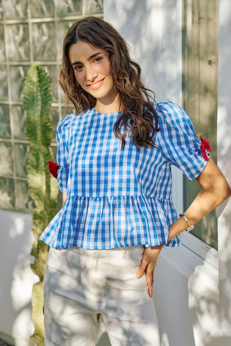Blue gingham ribbon short sleeve blouse front view