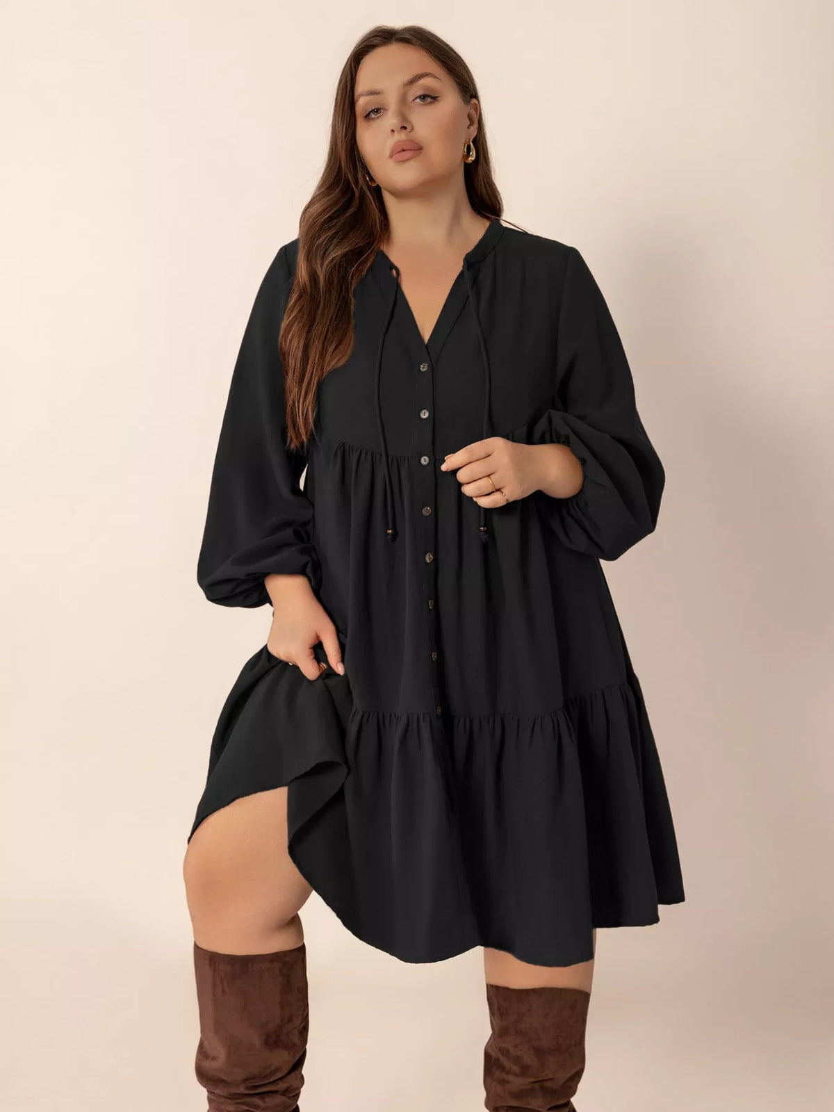 Button front black dress waist tie detail