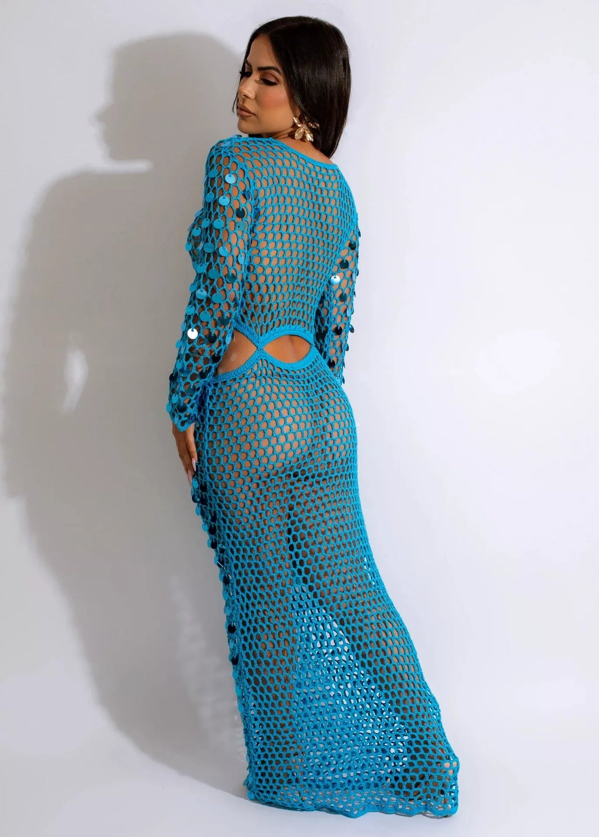Sequin mesh cutout maxi dress side view