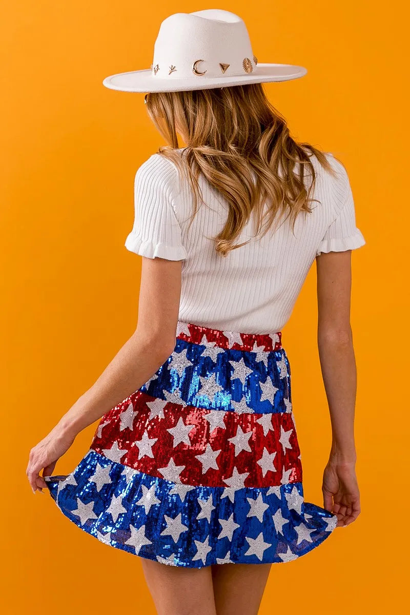 BiBi American Flag Theme Star Sequin Tiered Skirt - Fashorio