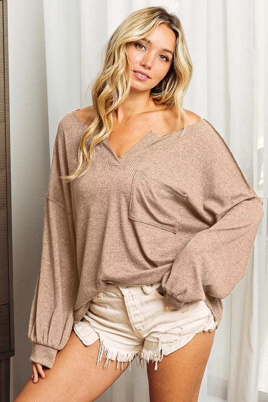 BiBi Exposed Seam Long Sleeve Top TAUPE - Fashorio