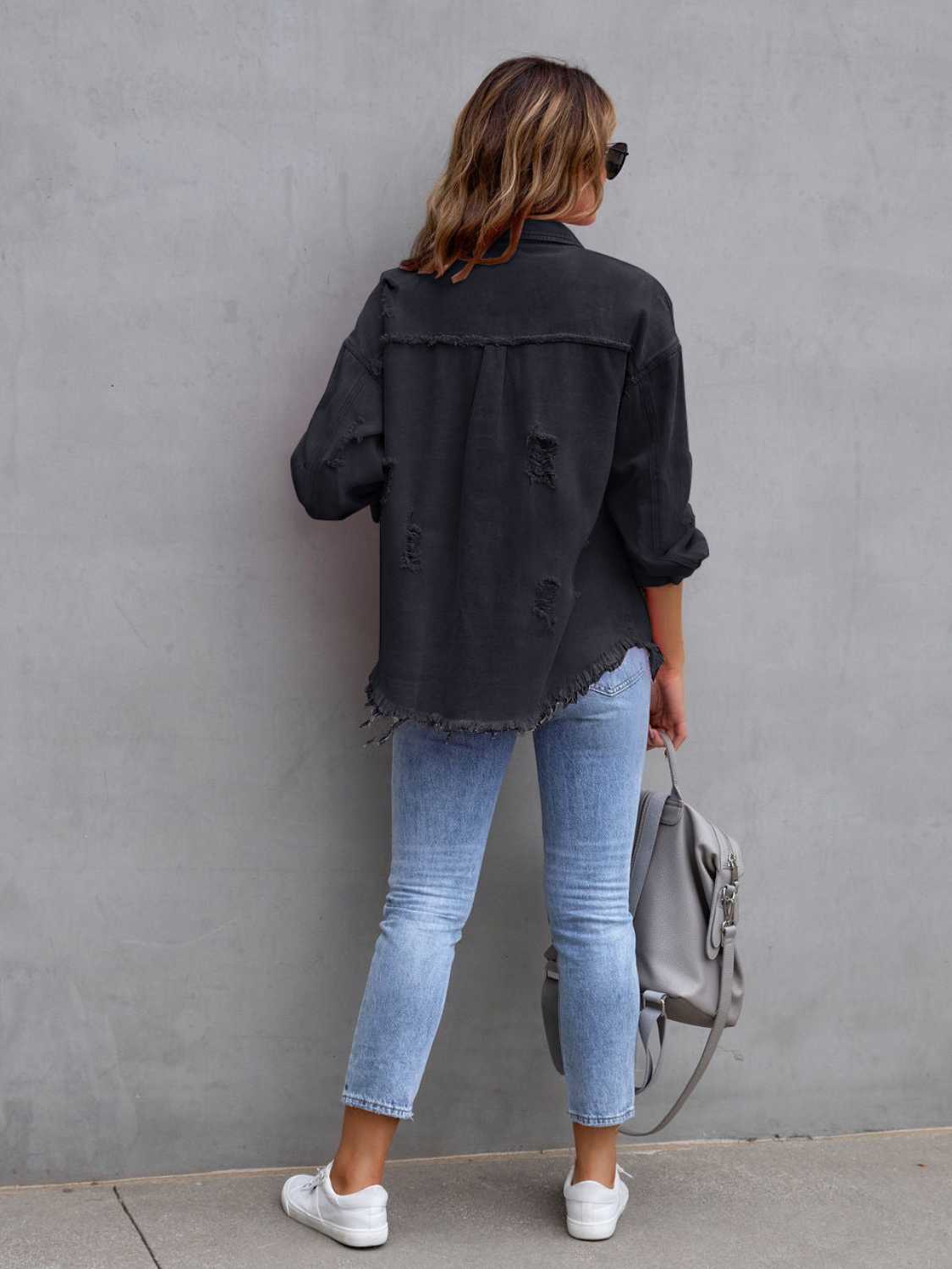 Distressed Drop Shoulder Denim Jacket - Fashorio