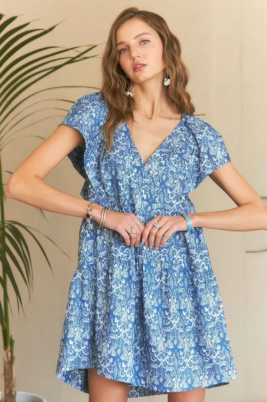 Floral Print Ruffle Sleeve Mini Dress in Denim Blue