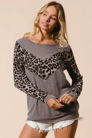 BiBi Sweater Knit Top With Leopard V Shape Block MOCHA - Fashorio
