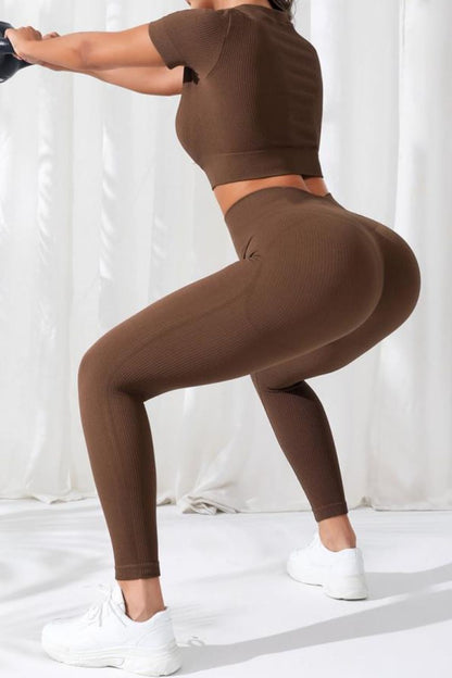 V-Neck Crop Top and High Waistband Long Active Pants - Fashorio