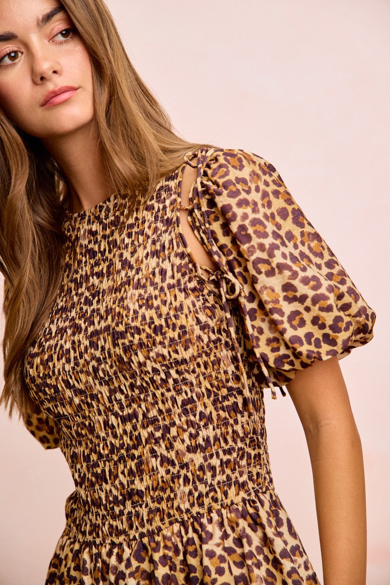 Leopard Bow Tie Attachable Puff Sleeves Dress on model