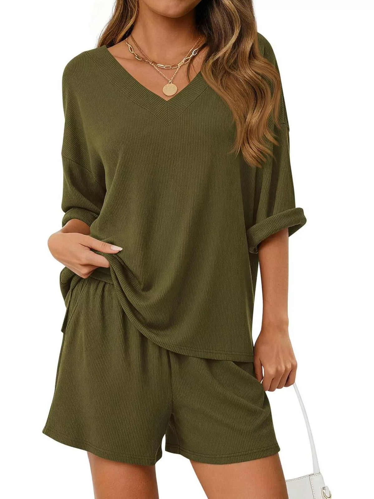 V Neck Top and Shorts Two Piece Set, view 13