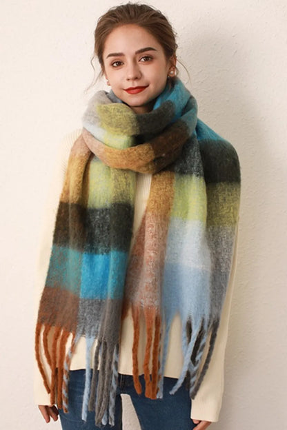 Thermal Fringe Contrast Plaid Scarf Gray Blue grid One Size - Fashorio