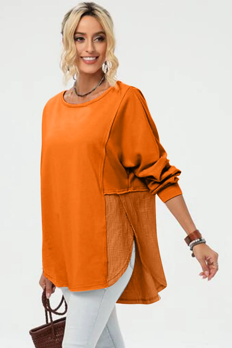 Long sleeve high low hem t-shirt tangerine front view