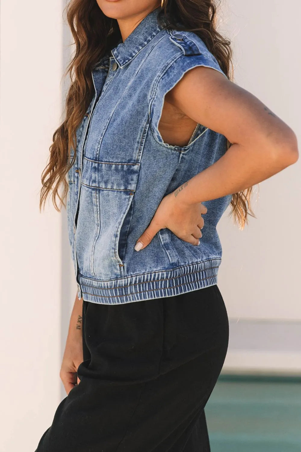 Button Up Cap Sleeve Denim Jacket - Fashorio