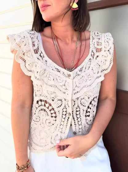 Crochet Lace Button Up Cardigan - Fashorio