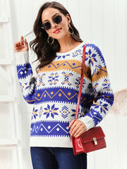 Snowflake Pattern Round Neck Sweater White - Fashorio