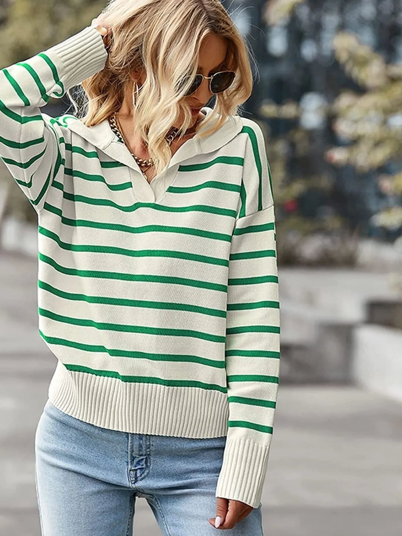 Ribbed Hem Long Sleeve Striped Sweater - Fashorio