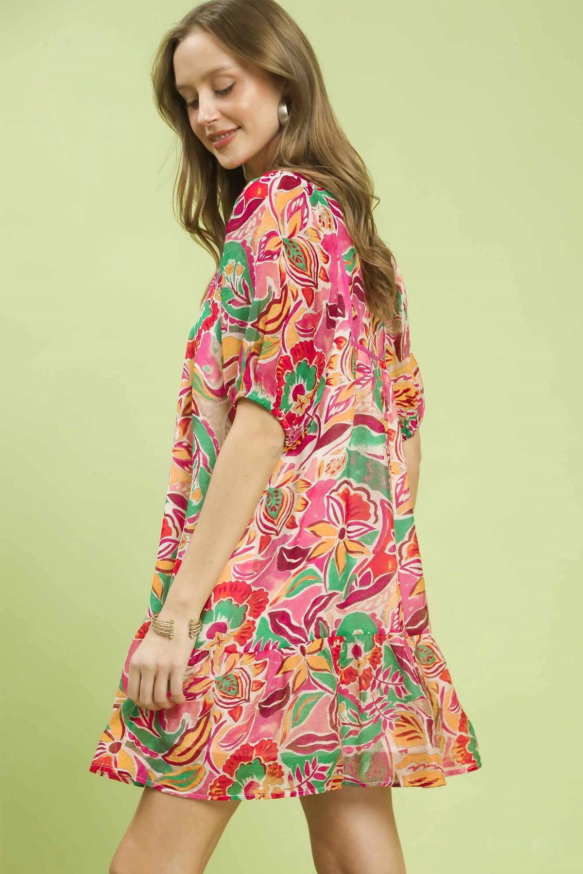 Abstract Print V Neck Babydoll Dress in Pink back view