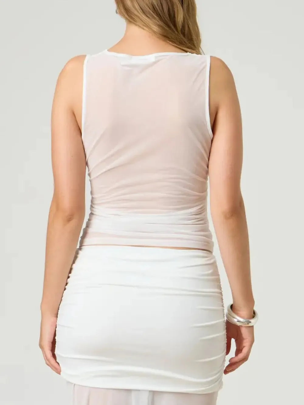 Ruched round neck tank top in pastel yellow