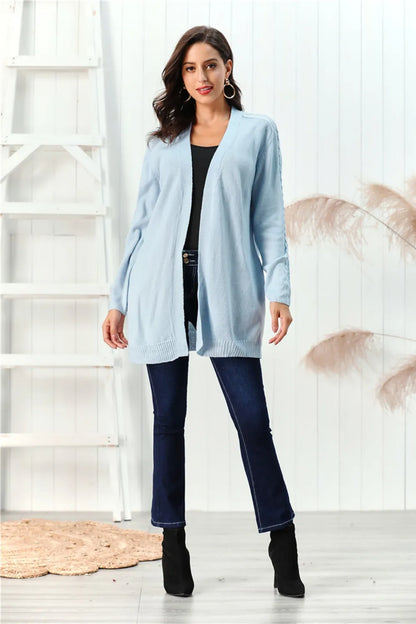 Cable-Knit Open Front Long Sleeve Cardigan - Fashorio