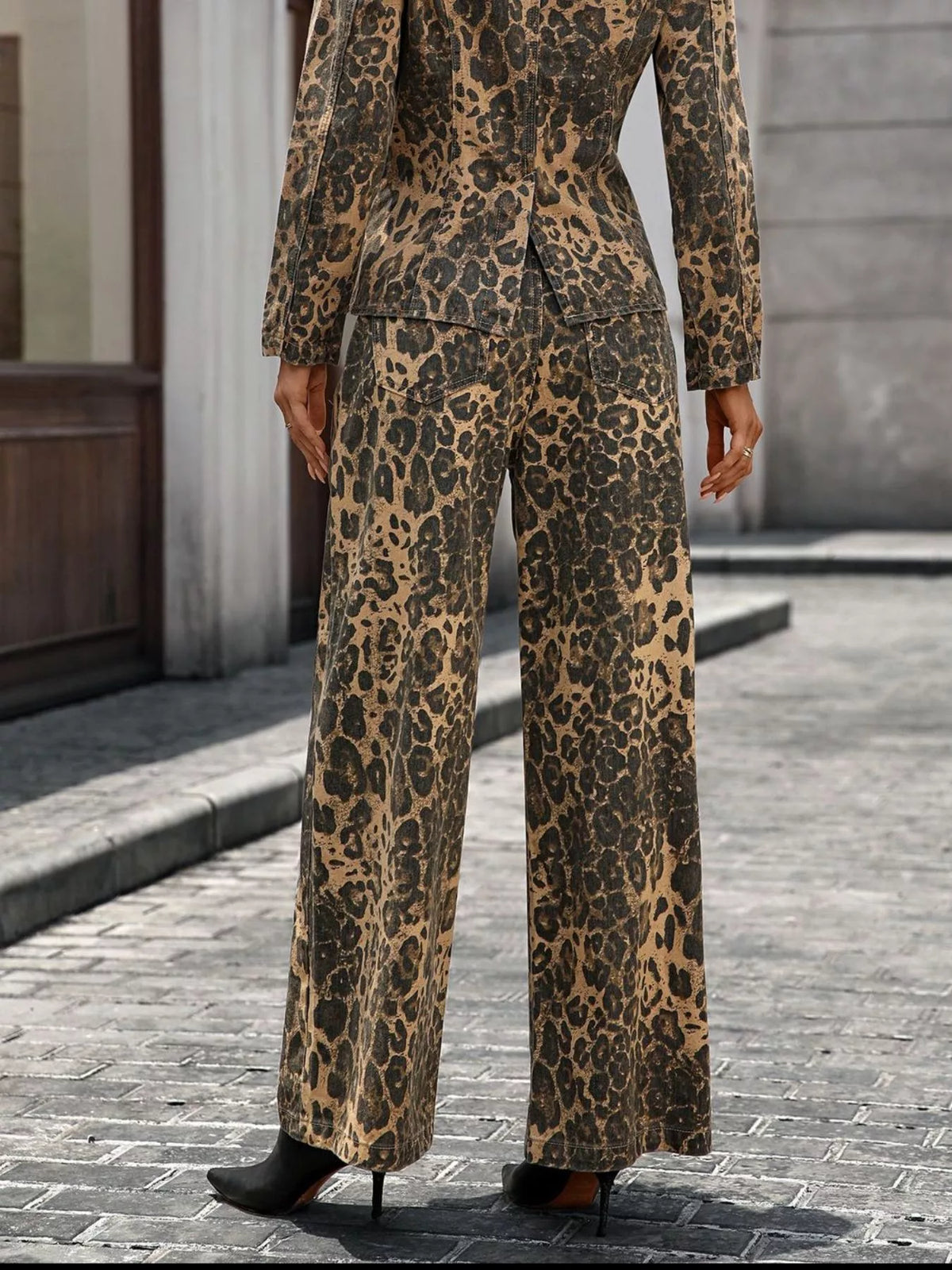 Animal print wide leg jeans back view