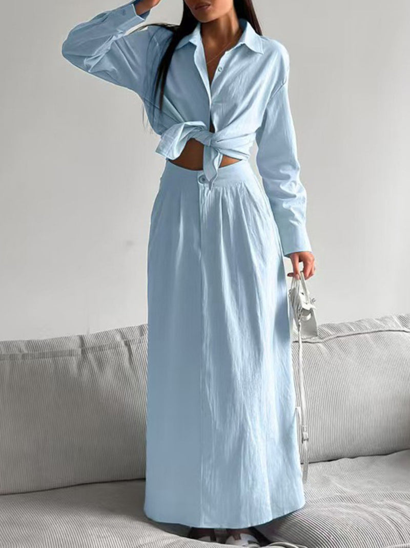 Light blue tie front shirt and maxi skirt two piece set front view
