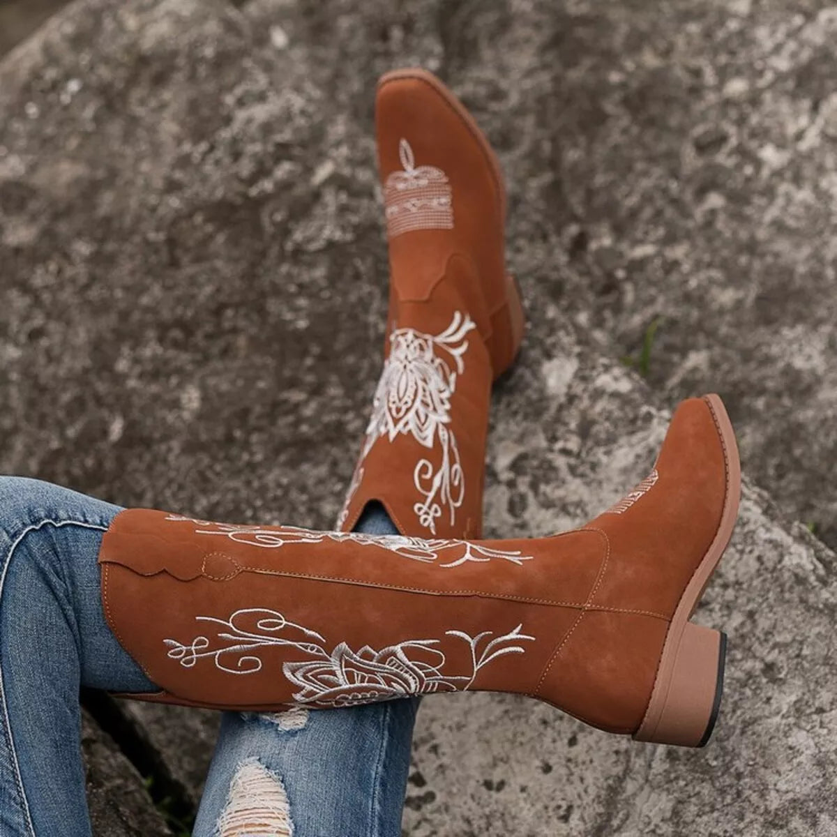 Embroidered western block heel boots heel and sole detail