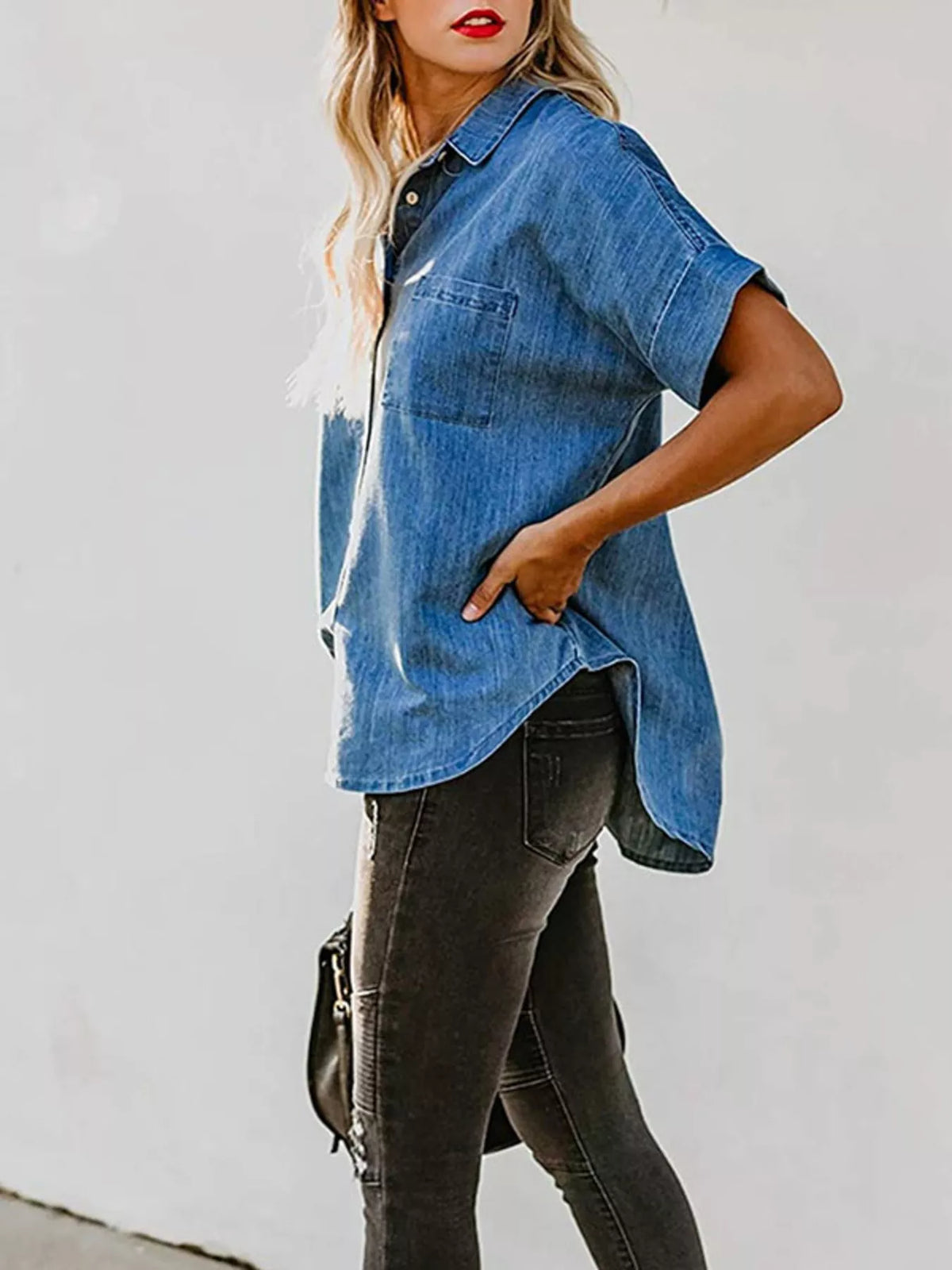 denim short sleeve button front shirt side view