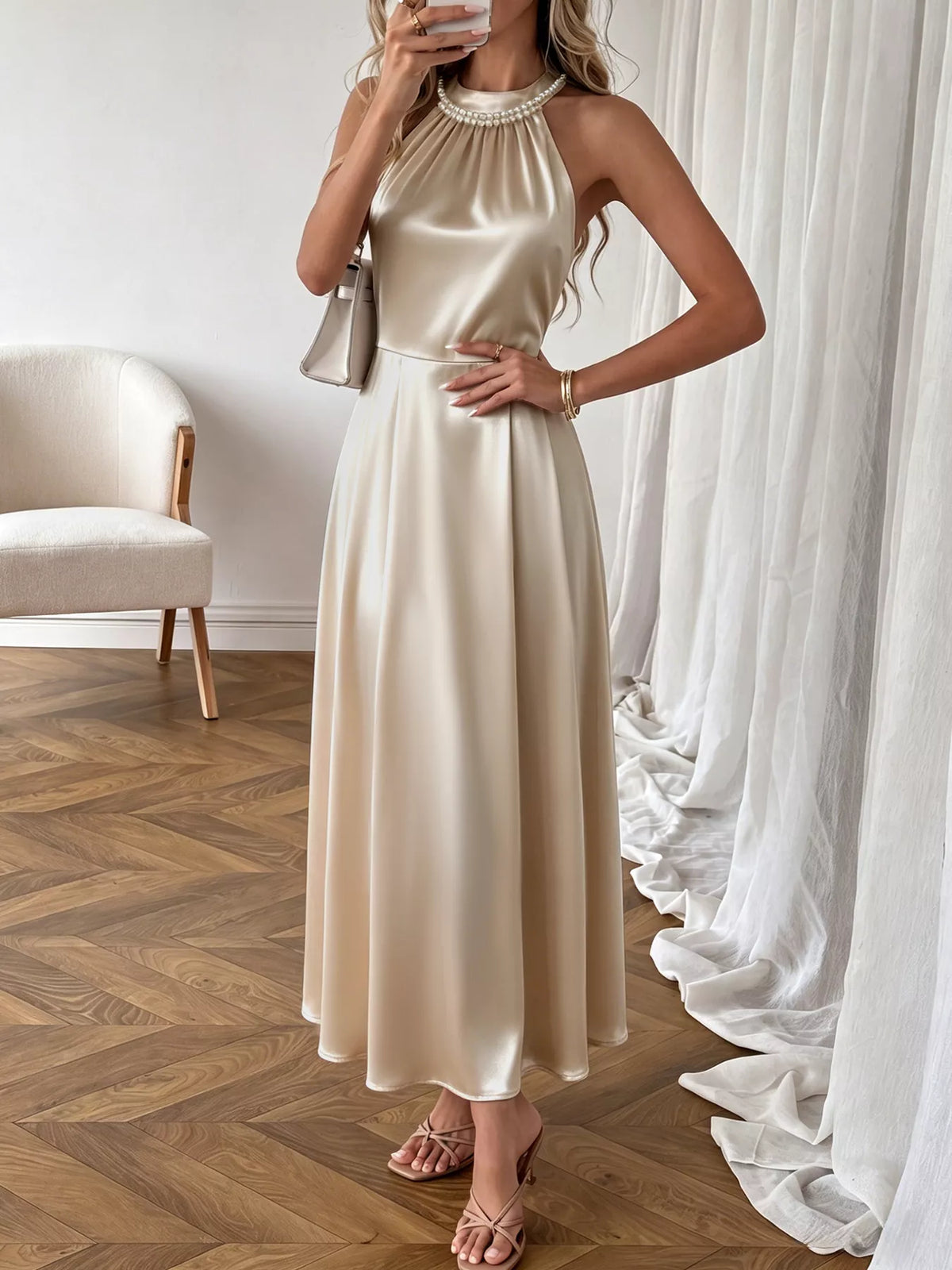 Pearl Halter Satin Midi Dress back view