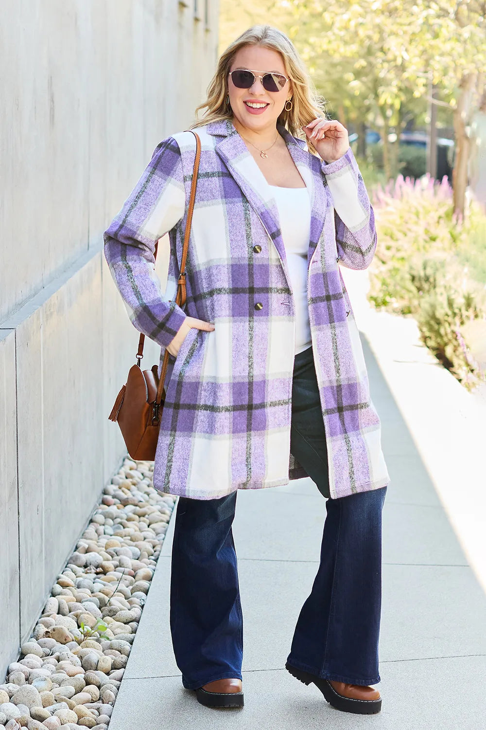 Double Take Full Size Plaid Button Up Lapel Collar Coat - Fashorio