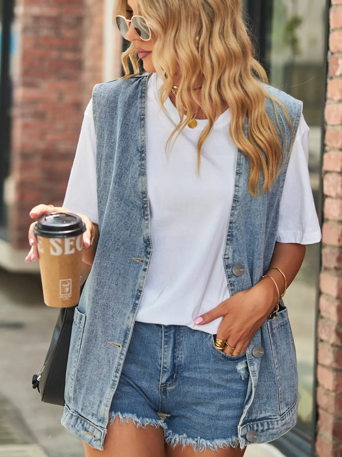 Sleeveless Button Down Denim Vest in Light Blue detail