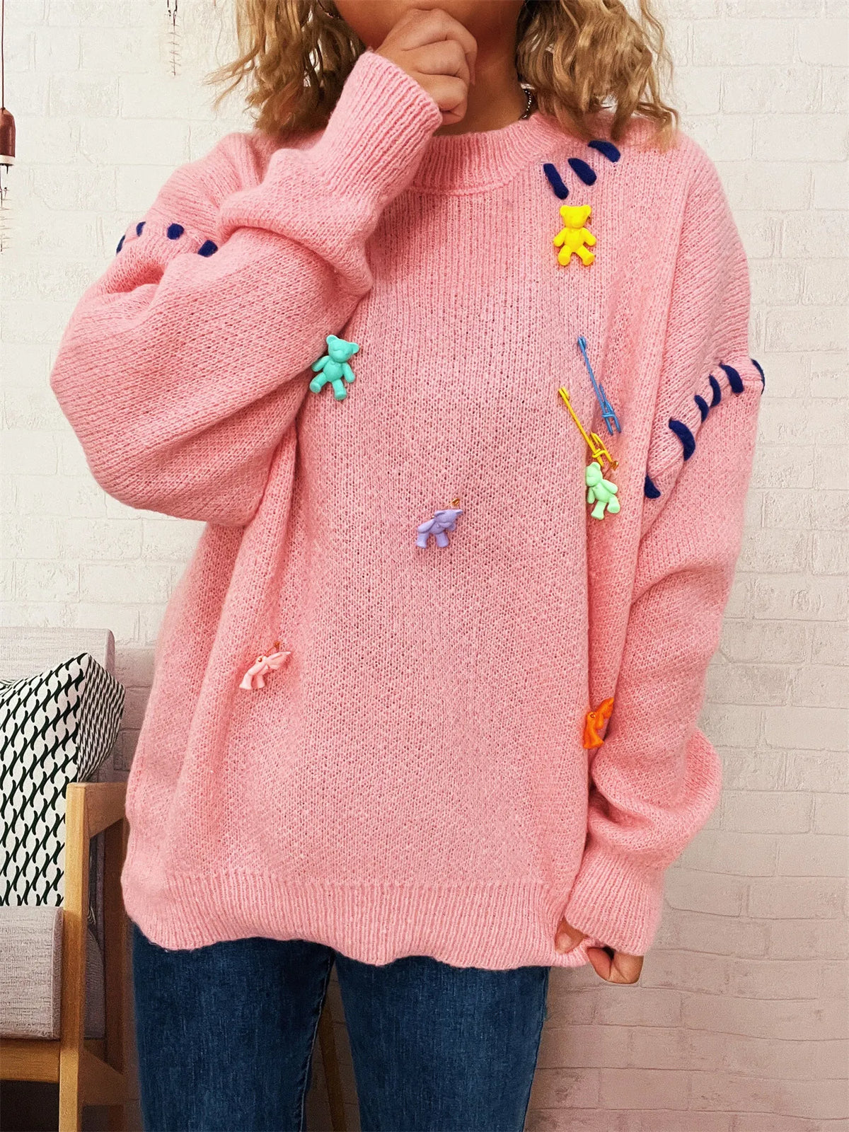 bear applique round neck sweater side profile view