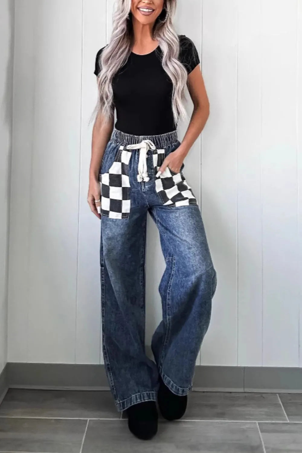 Checkered Wide Leg Jeans detail