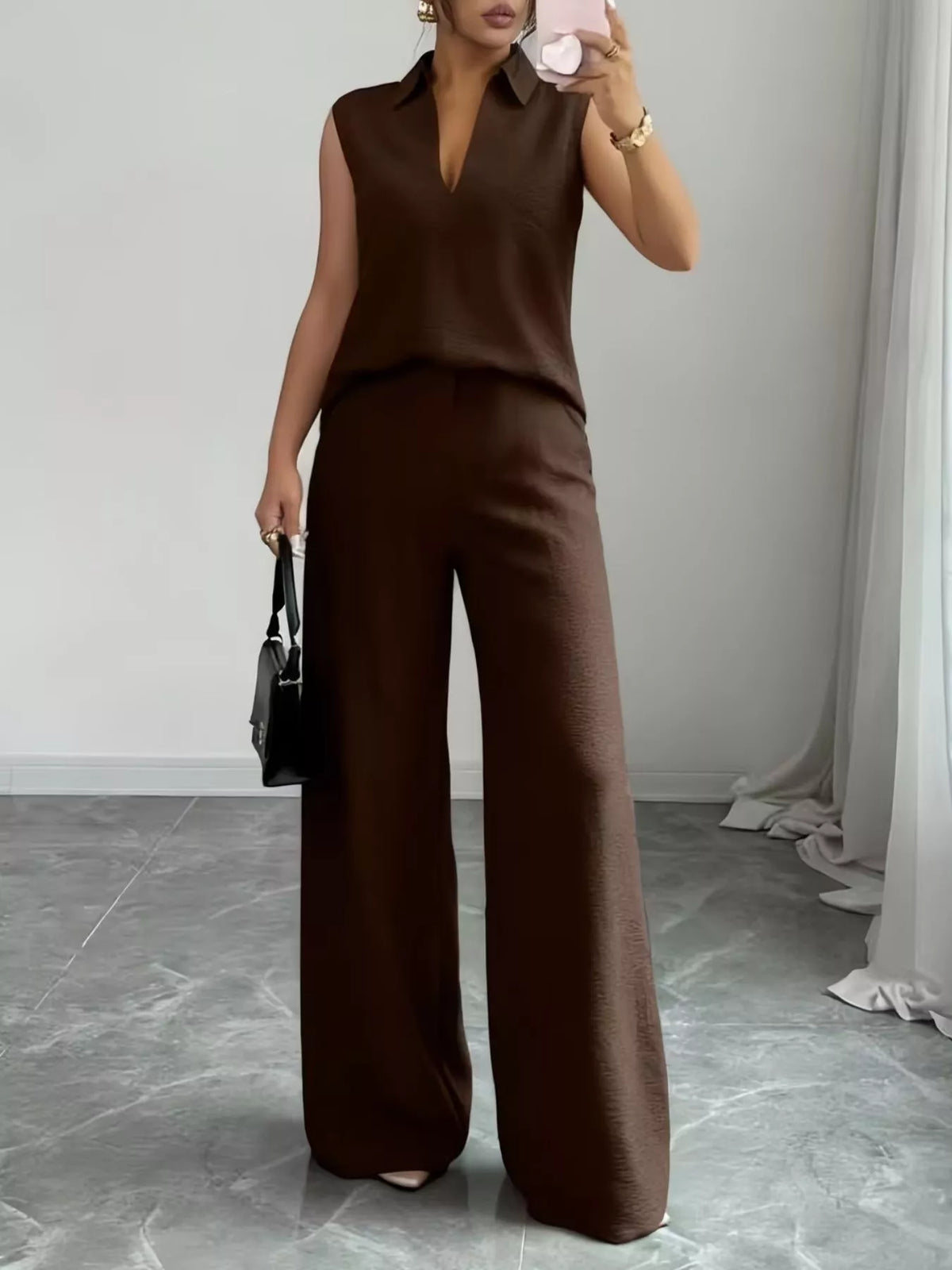 Sleeveless top and wide leg pants set