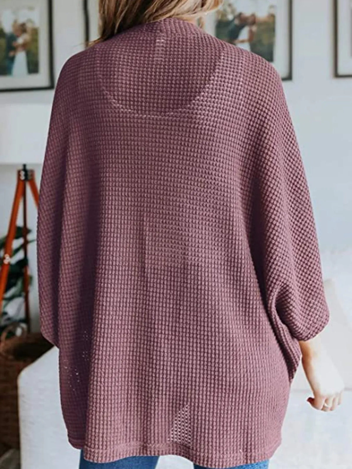 waffle knit open front plus size cardigan back view