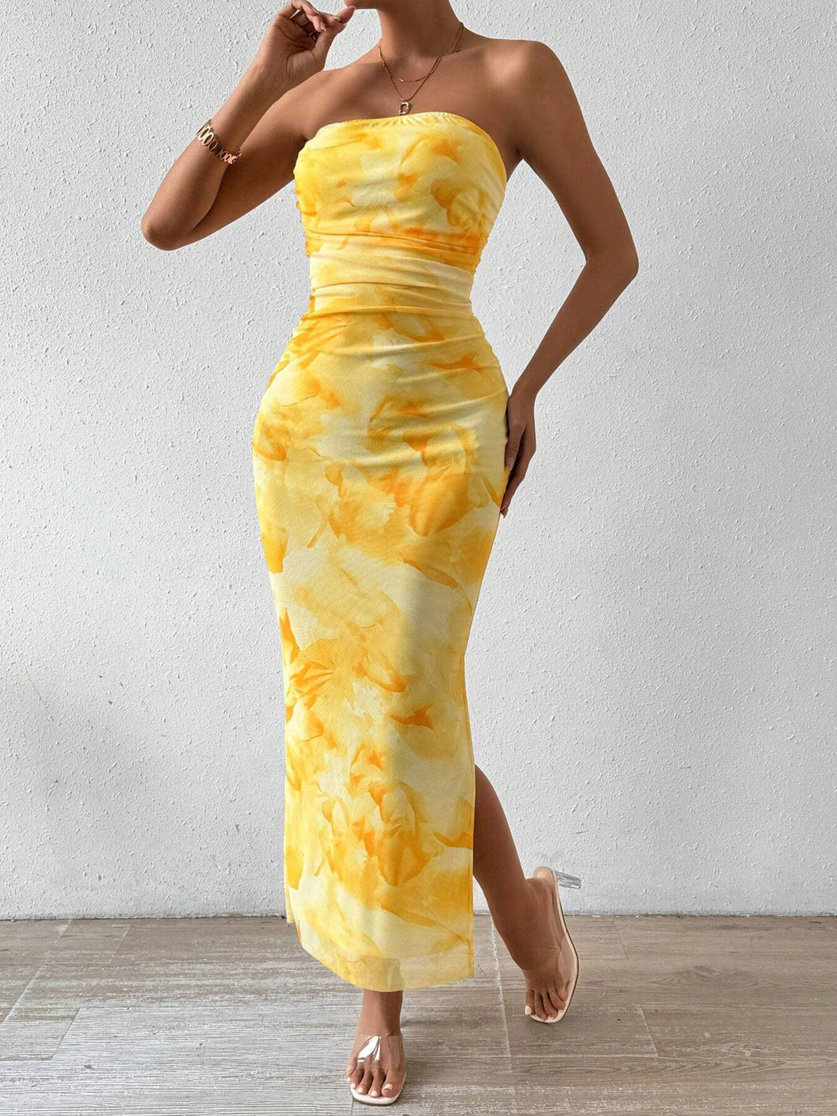 ruched strapless bodycon midi dress neckline detail