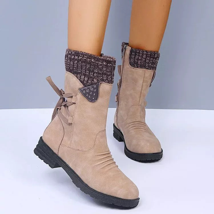 Khaki knitted cuff round toe boots styled with denim